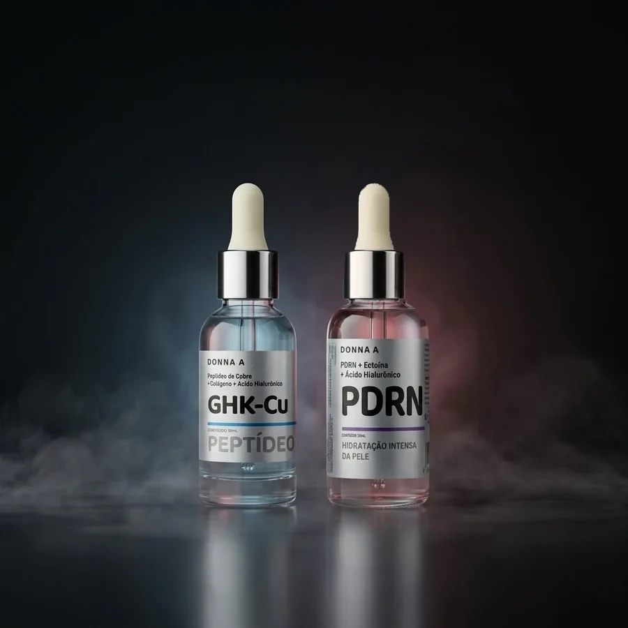 Os dois séruns da Donna A lado a lado: GHK-Cu azul e PDRN rosa